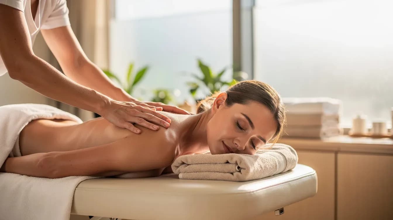 Person genießt eine entspannende Massage in einem hellen Spa-Ambiente.