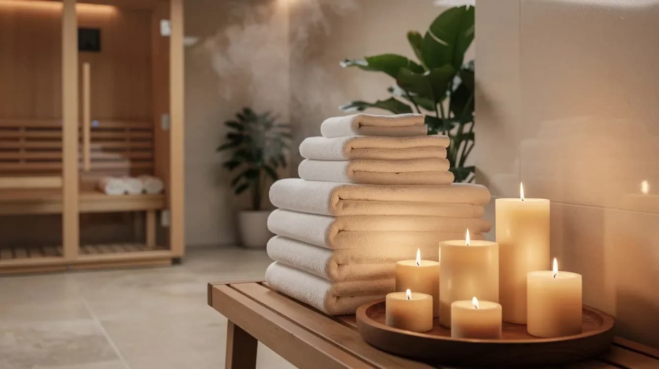 Entspannter Spa-Bereich mit Kerzen und gefalteten Handtüchern für Wellness-Gutscheine.
