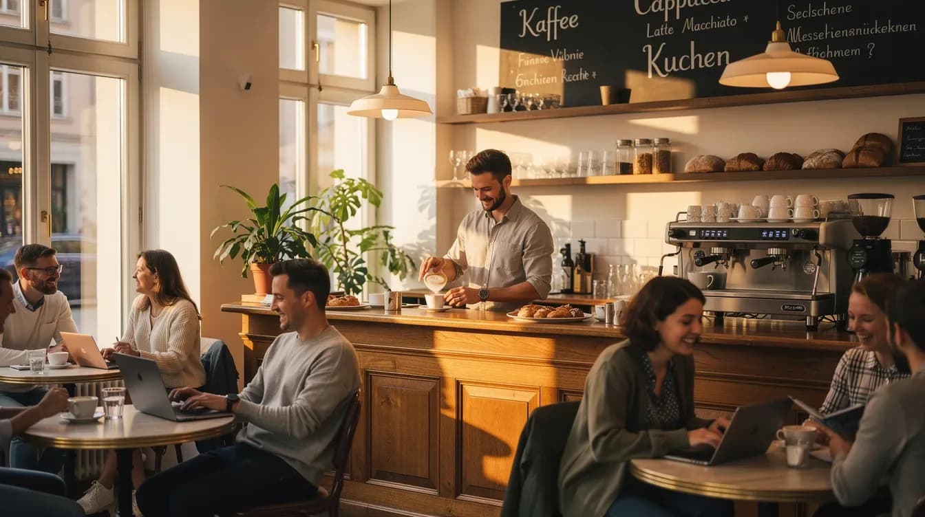 Einladende Café-Atmosphäre mit freundlichem Service und Gästen im Gastgewerbe.