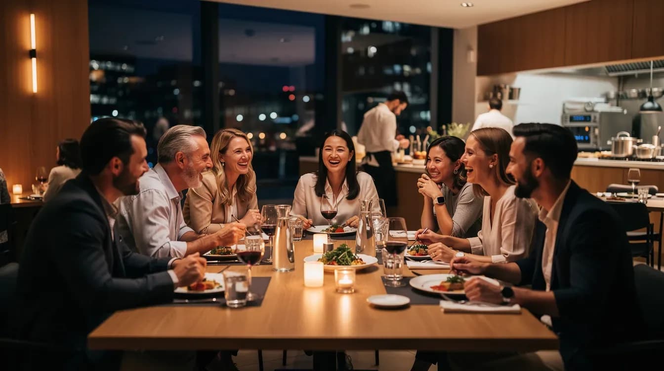 In einem modernen Restaurant sitzen Gäste zusammen und genießen ein köstliches Menü, während der Service aufmerksam ihre Bedürfnisse erfüllt.