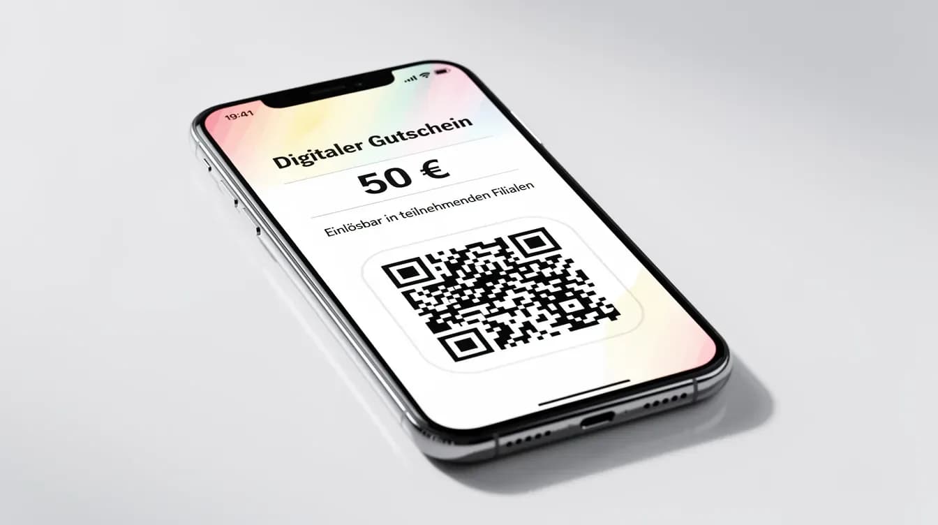 Ein Smartphone zeigt einen digitalen Gutschein mit QR-Code für den Gutscheinverkauf in der Gastronomie.